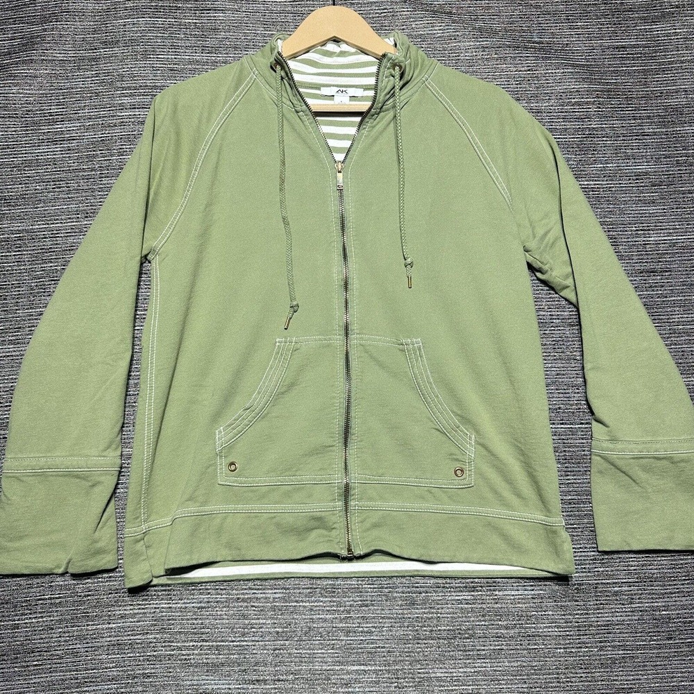 Anne Klein Sweater Women’s L Green Striped Sport Full Zip Drawstring